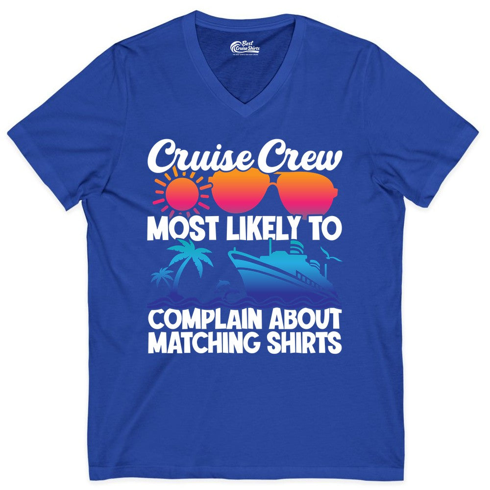 Cruise Crew Shirt - Funny Matching Group Vacation Tee for Cruises (V-Neck) in True Royal - Cruise Crew Funny Matching Shirt Bold Sunglasses Tropical Ship Tee