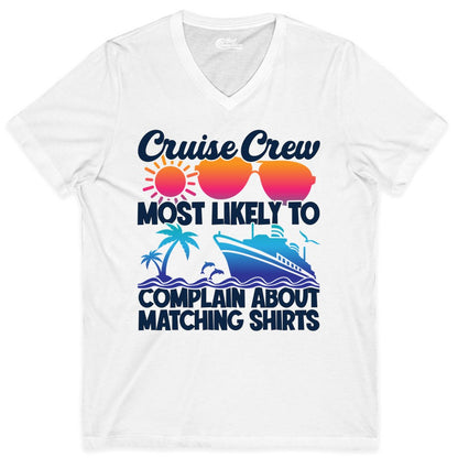 Cruise Crew Shirt - Funny Matching Group Vacation Tee for Cruises (V-Neck) in White - Cruise Crew Funny Matching Shirt Bold Sunglasses Tropical Ship Tee