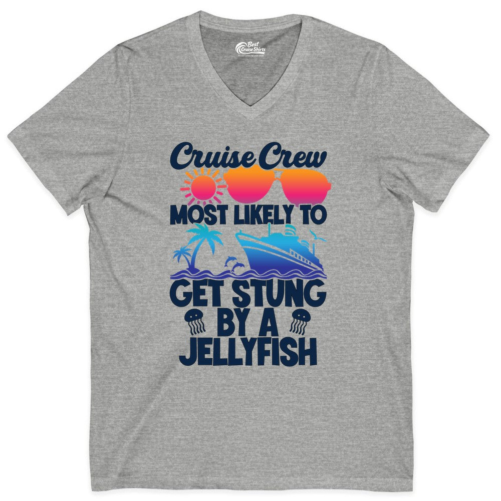 Cruise Crew Shirt - Funny Jellyfish Vacation Group Tee for Trips (V-Neck) in Athletic Heather - Cruise Crew Shirt - Funny Jellyfish Sunglasses Tropical Vacation Tee