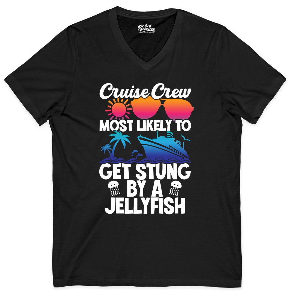Cruise Crew Shirt - Funny Jellyfish Vacation Group Tee for Trips (V-Neck) in Black - Cruise Crew Shirt - Funny Jellyfish Sunglasses Tropical Vacation Tee