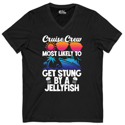Cruise Crew Shirt - Funny Jellyfish Vacation Group Tee for Trips (V-Neck) in Black - Cruise Crew Shirt - Funny Jellyfish Sunglasses Tropical Vacation Tee