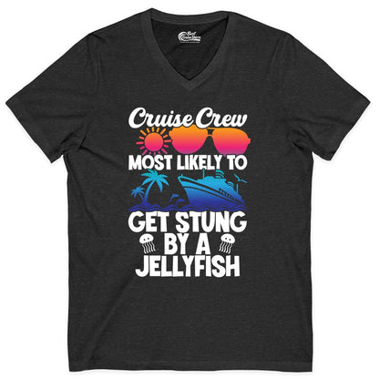 Cruise Crew Shirt - Funny Jellyfish Vacation Group Tee for Trips (V-Neck) in Dark Grey Heather - Cruise Crew Shirt - Funny Jellyfish Sunglasses Tropical Vacation Tee