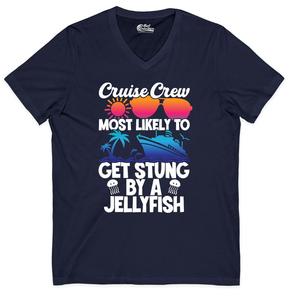 Cruise Crew Shirt - Funny Jellyfish Vacation Group Tee for Trips (V-Neck) in Navy - Cruise Crew Shirt - Funny Jellyfish Sunglasses Tropical Vacation Tee