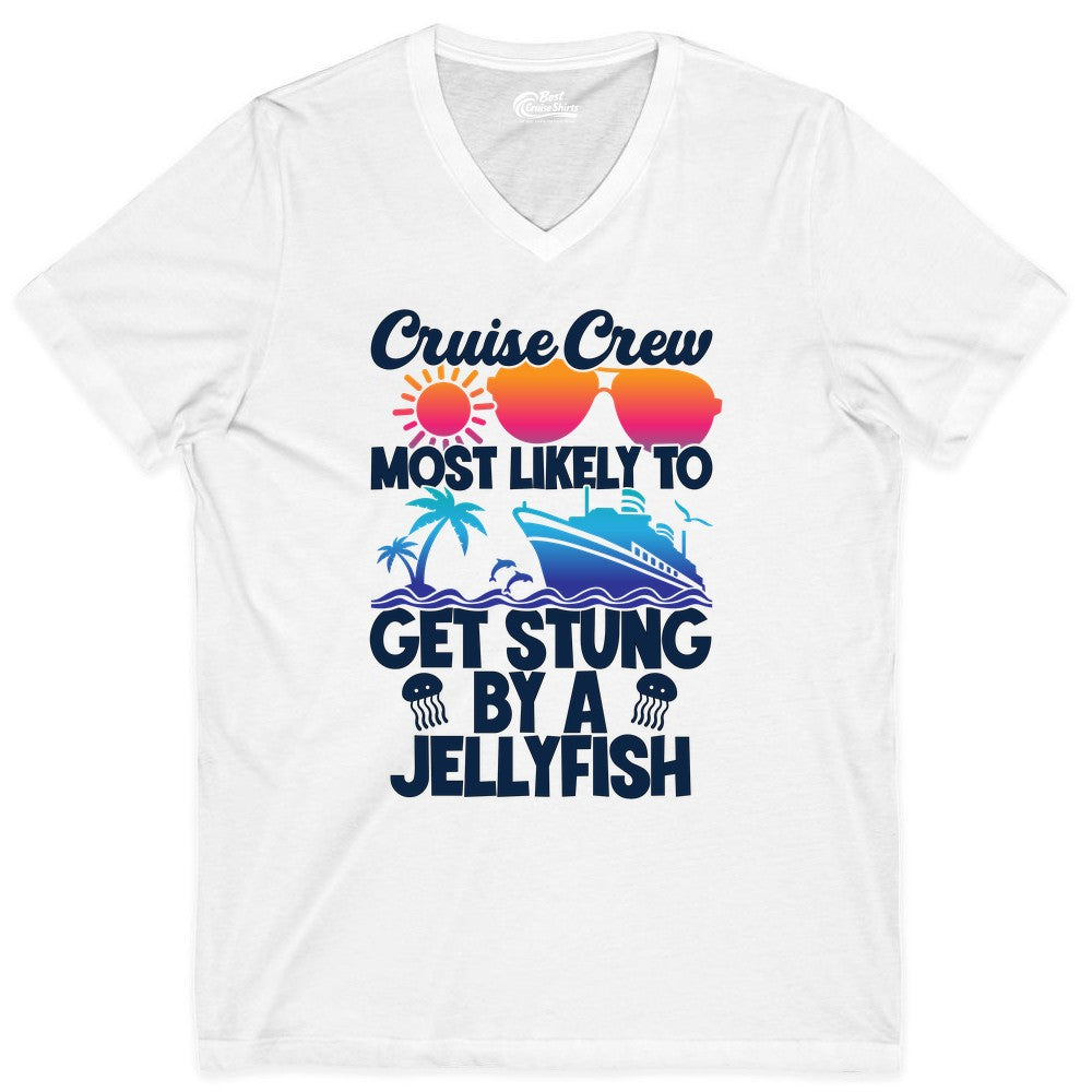 Cruise Crew Shirt - Funny Jellyfish Vacation Group Tee for Trips (V-Neck) in White - Cruise Crew Shirt - Funny Jellyfish Sunglasses Tropical Vacation Tee