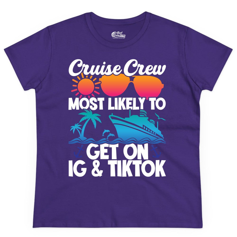 Cruise Crew Shirt - Funny Cruise Vacation Apparel for Groups (Ladies Tee) in Purple - Cruise Crew Most Likely to Get On IG TikTok Retro Ship Shirt