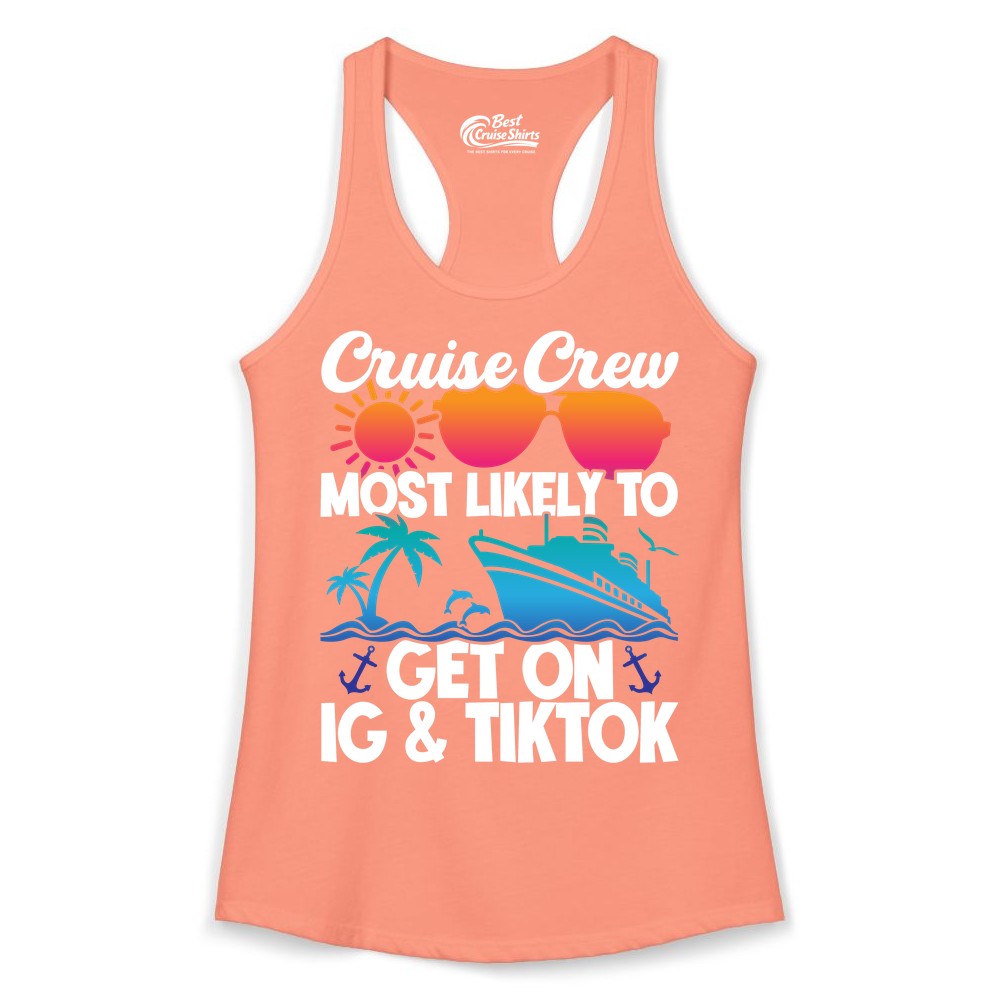 Cruise Crew Shirt - Funny Cruise Vacation Apparel for Groups (Ladies Tank) in Solid Light Orange - Cruise Crew Most Likely to Get On IG TikTok Retro Ship Shirt