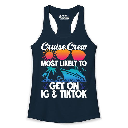 Cruise Crew Shirt - Funny Cruise Vacation Apparel for Groups (Ladies Tank) in Solid Midnight Navy - Cruise Crew Most Likely to Get On IG TikTok Retro Ship Shirt