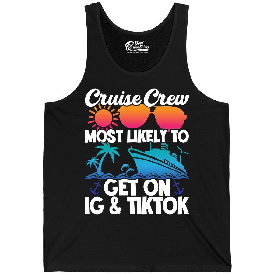 Cruise Crew Shirt - Funny Cruise Vacation Apparel for Groups (Tank Top) in Black - Cruise Crew Most Likely to Get On IG TikTok Retro Ship Shirt