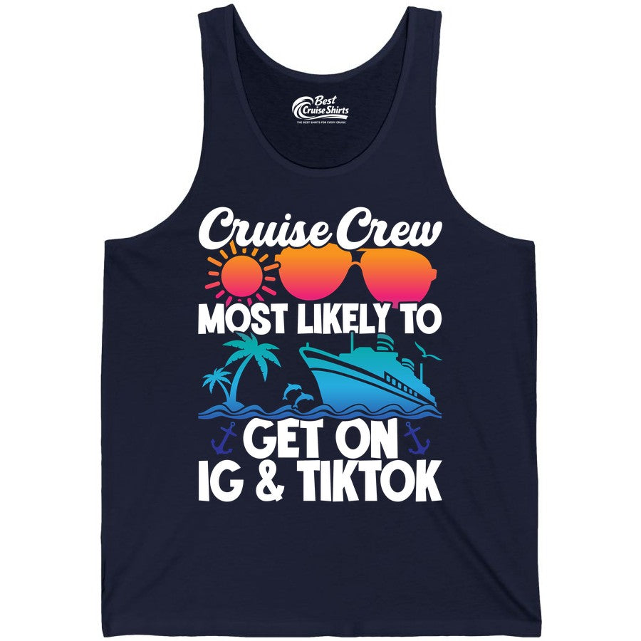 Cruise Crew Shirt - Funny Cruise Vacation Apparel for Groups (Tank Top) in Navy - Cruise Crew Most Likely to Get On IG TikTok Retro Ship Shirt