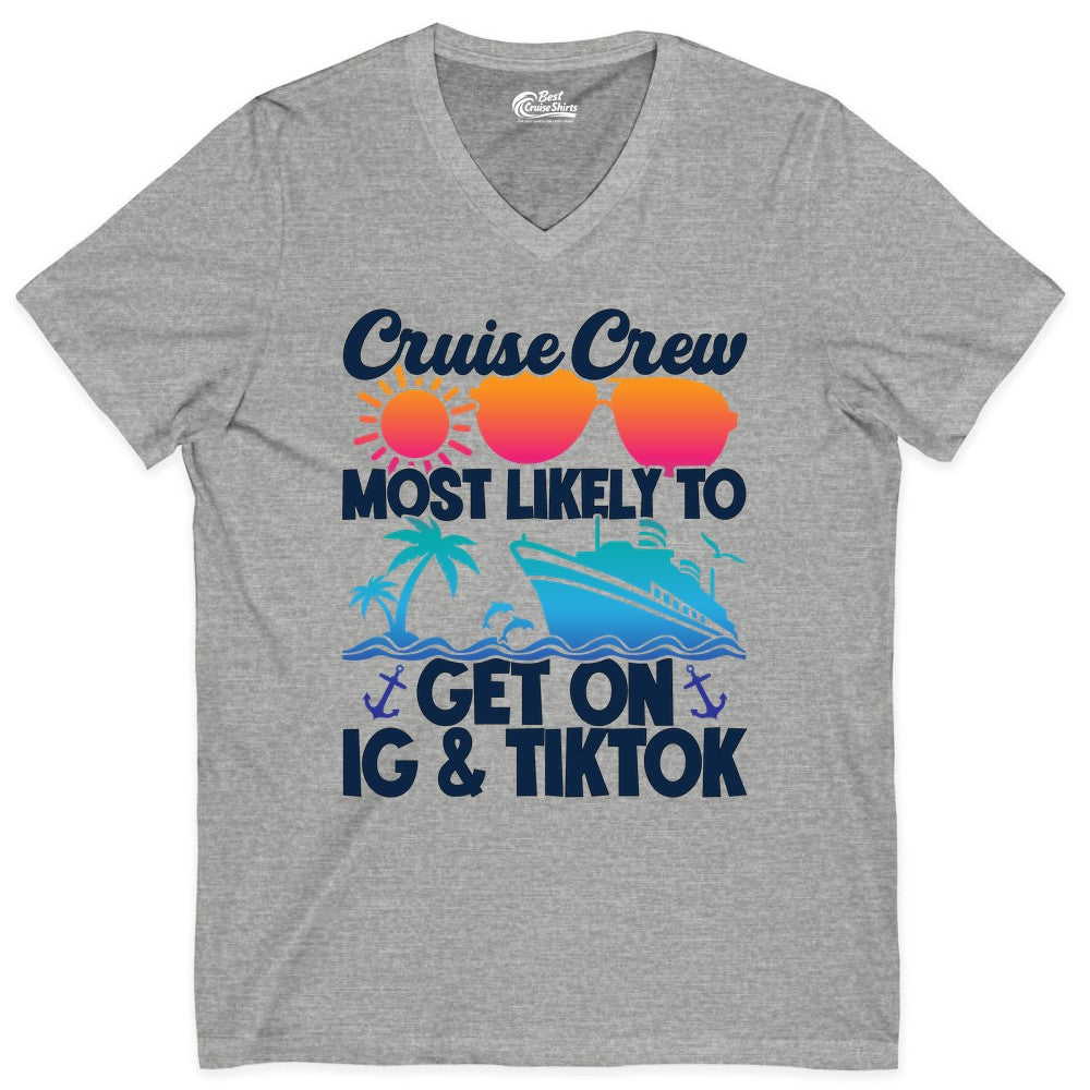 Cruise Crew Shirt - Funny Cruise Vacation Apparel for Groups (V-Neck) in Athletic Heather - Cruise Crew Most Likely to Get On IG TikTok Retro Ship Shirt