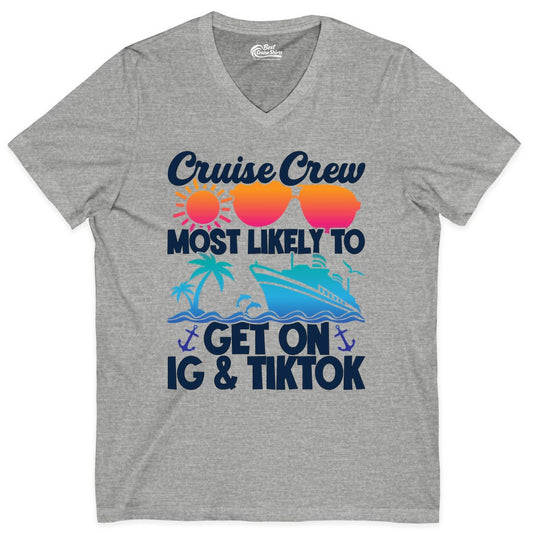 Cruise Crew Shirt - Funny Cruise Vacation Apparel for Groups (V-Neck) in Athletic Heather - Cruise Crew Most Likely to Get On IG TikTok Retro Ship Shirt