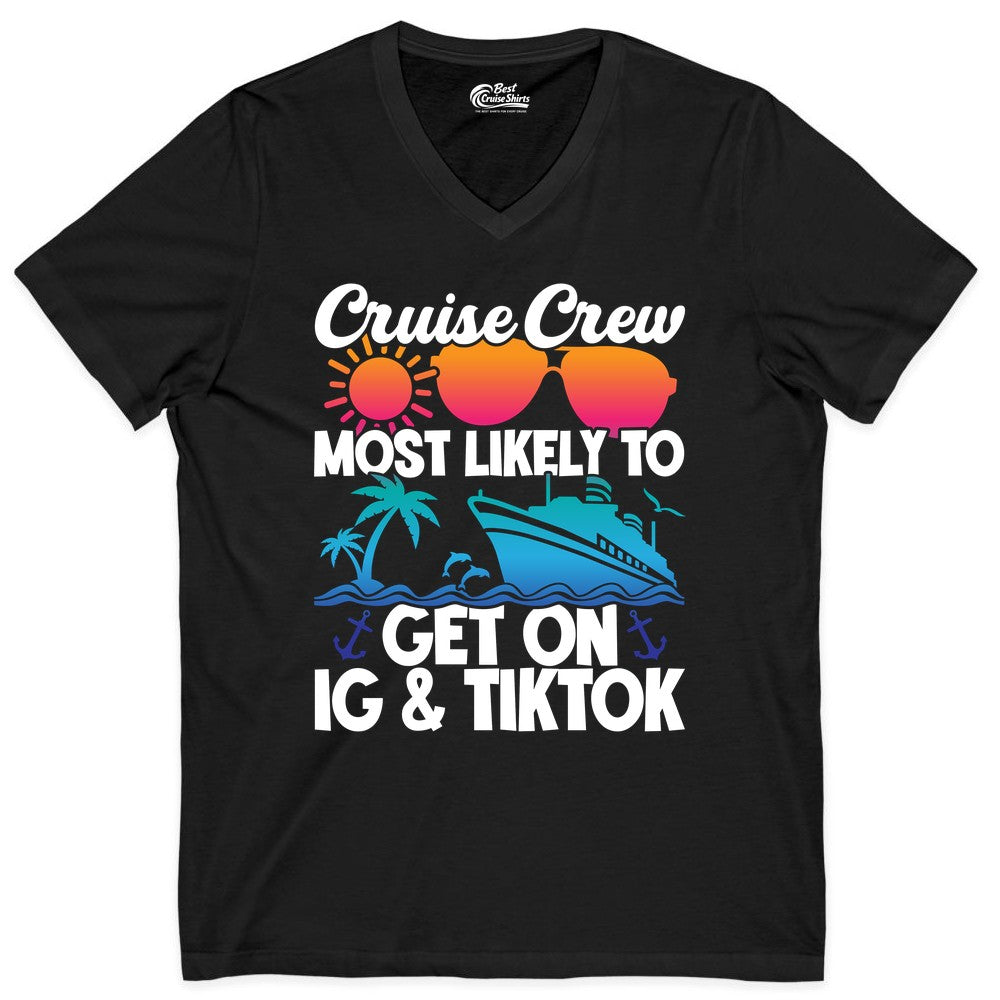 Cruise Crew Shirt - Funny Cruise Vacation Apparel for Groups (V-Neck) in Black - Cruise Crew Most Likely to Get On IG TikTok Retro Ship Shirt