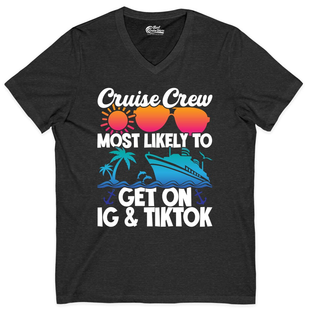 Cruise Crew Shirt - Funny Cruise Vacation Apparel for Groups (V-Neck) in Dark Grey Heather - Cruise Crew Most Likely to Get On IG TikTok Retro Ship Shirt