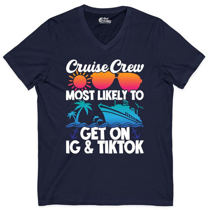 Cruise Crew Shirt - Funny Cruise Vacation Apparel for Groups (V-Neck) in Navy - Cruise Crew Most Likely to Get On IG TikTok Retro Ship Shirt