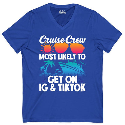 Cruise Crew Shirt - Funny Cruise Vacation Apparel for Groups (V-Neck) in True Royal - Cruise Crew Most Likely to Get On IG TikTok Retro Ship Shirt