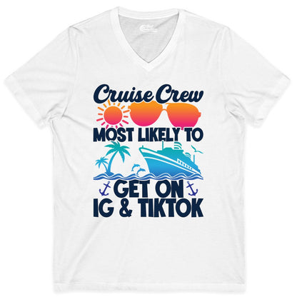 Cruise Crew Shirt - Funny Cruise Vacation Apparel for Groups (V-Neck) in White - Cruise Crew Most Likely to Get On IG TikTok Retro Ship Shirt