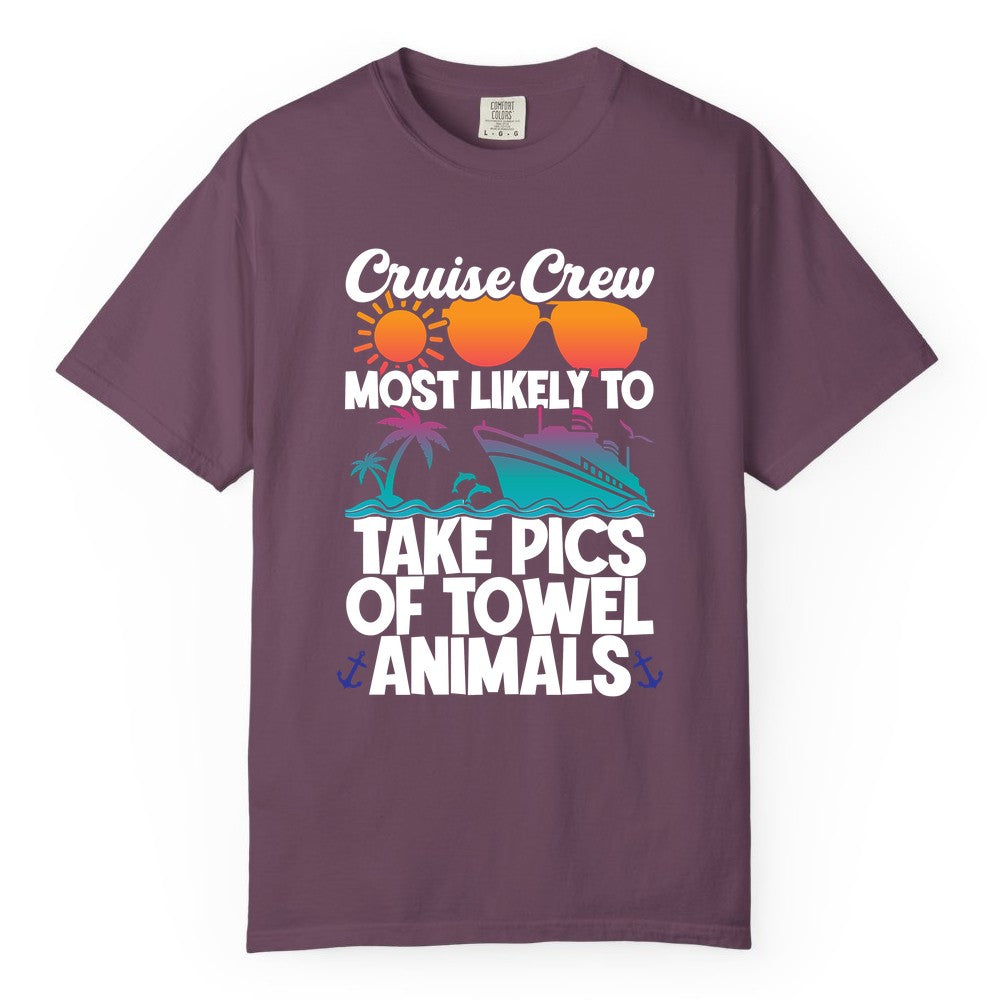 Cruise Crew Shirt - Funny Cruise Vacation Apparel for Family Trips (Comfort Color) in Berry - Cruise Crew Towel Animal Photo Squad Tropical Sunset Shirt