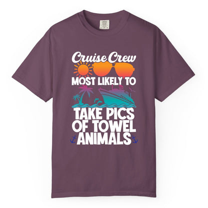 Cruise Crew Shirt - Funny Cruise Vacation Apparel for Family Trips (Comfort Color) in Berry - Cruise Crew Towel Animal Photo Squad Tropical Sunset Shirt