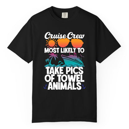 Cruise Crew Shirt - Funny Cruise Vacation Apparel for Family Trips (Comfort Color) in Black - Cruise Crew Towel Animal Photo Squad Tropical Sunset Shirt