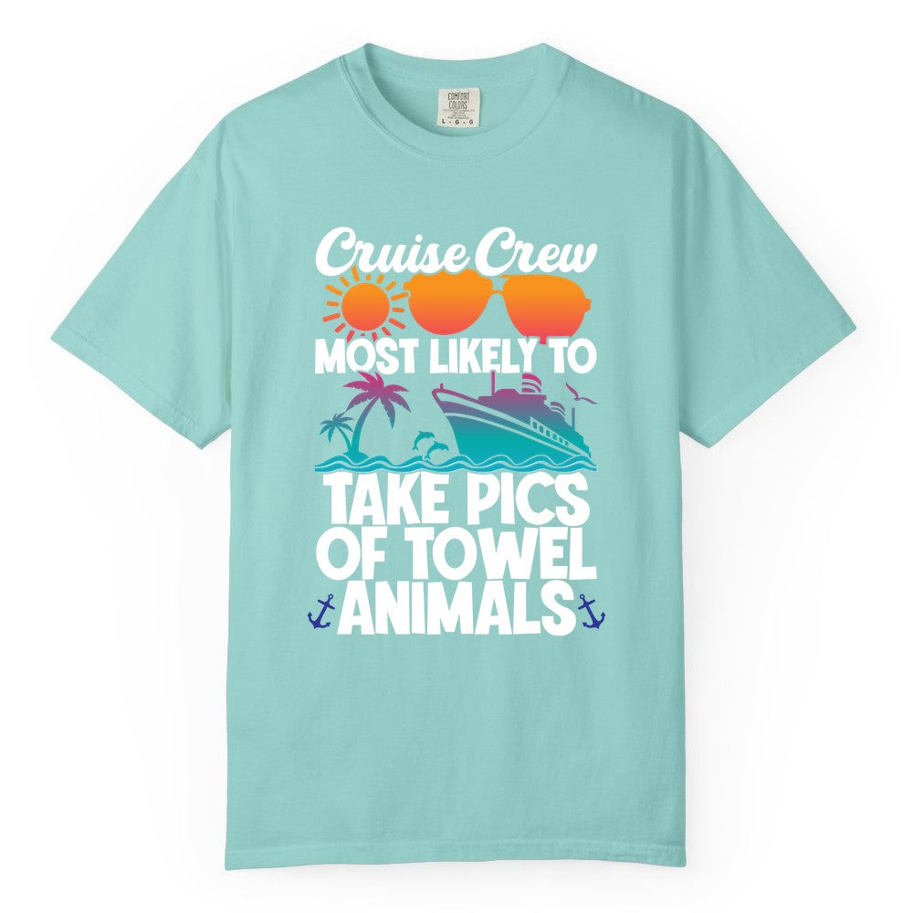 Cruise Crew Shirt - Funny Cruise Vacation Apparel for Family Trips (Comfort Color) in Chalky Mint - Cruise Crew Towel Animal Photo Squad Tropical Sunset Shirt