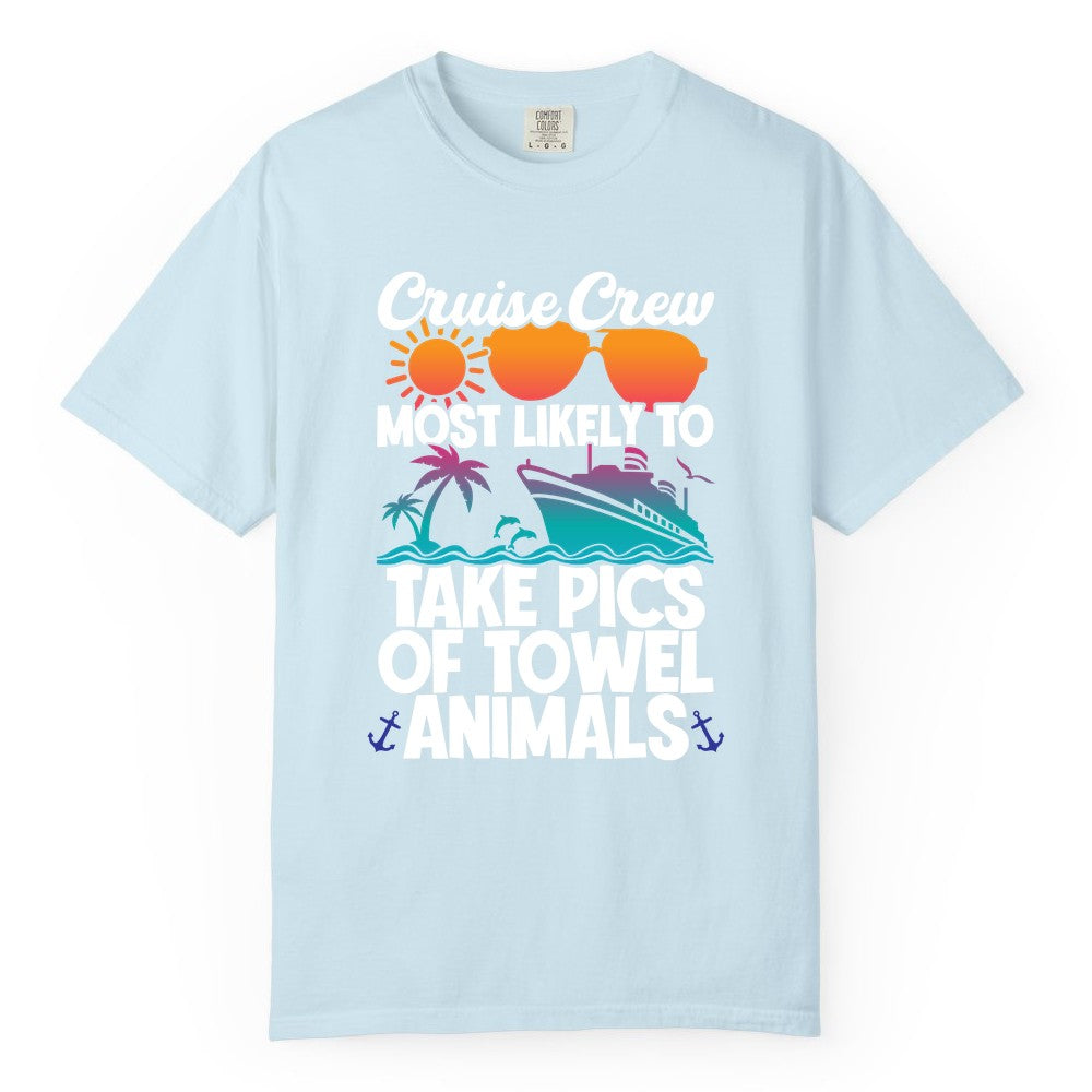 Cruise Crew Shirt - Funny Cruise Vacation Apparel for Family Trips (Comfort Color) in Chambray - Cruise Crew Towel Animal Photo Squad Tropical Sunset Shirt