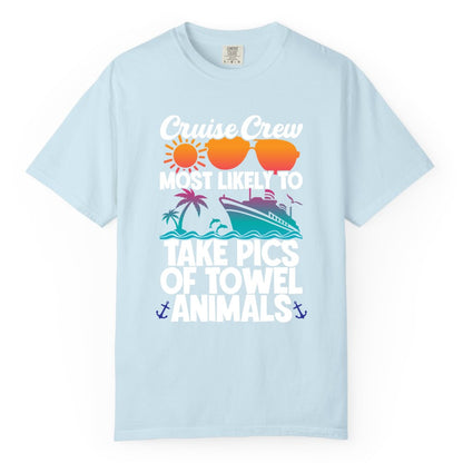 Cruise Crew Shirt - Funny Cruise Vacation Apparel for Family Trips (Comfort Color) in Chambray - Cruise Crew Towel Animal Photo Squad Tropical Sunset Shirt