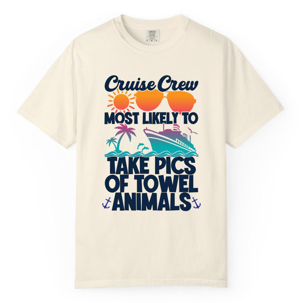 Cruise Crew Shirt - Funny Cruise Vacation Apparel for Family Trips (Comfort Color) in Ivory - Cruise Crew Towel Animal Photo Squad Tropical Sunset Shirt
