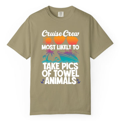 Cruise Crew Shirt - Funny Cruise Vacation Apparel for Family Trips (Comfort Color) in Khaki - Cruise Crew Towel Animal Photo Squad Tropical Sunset Shirt