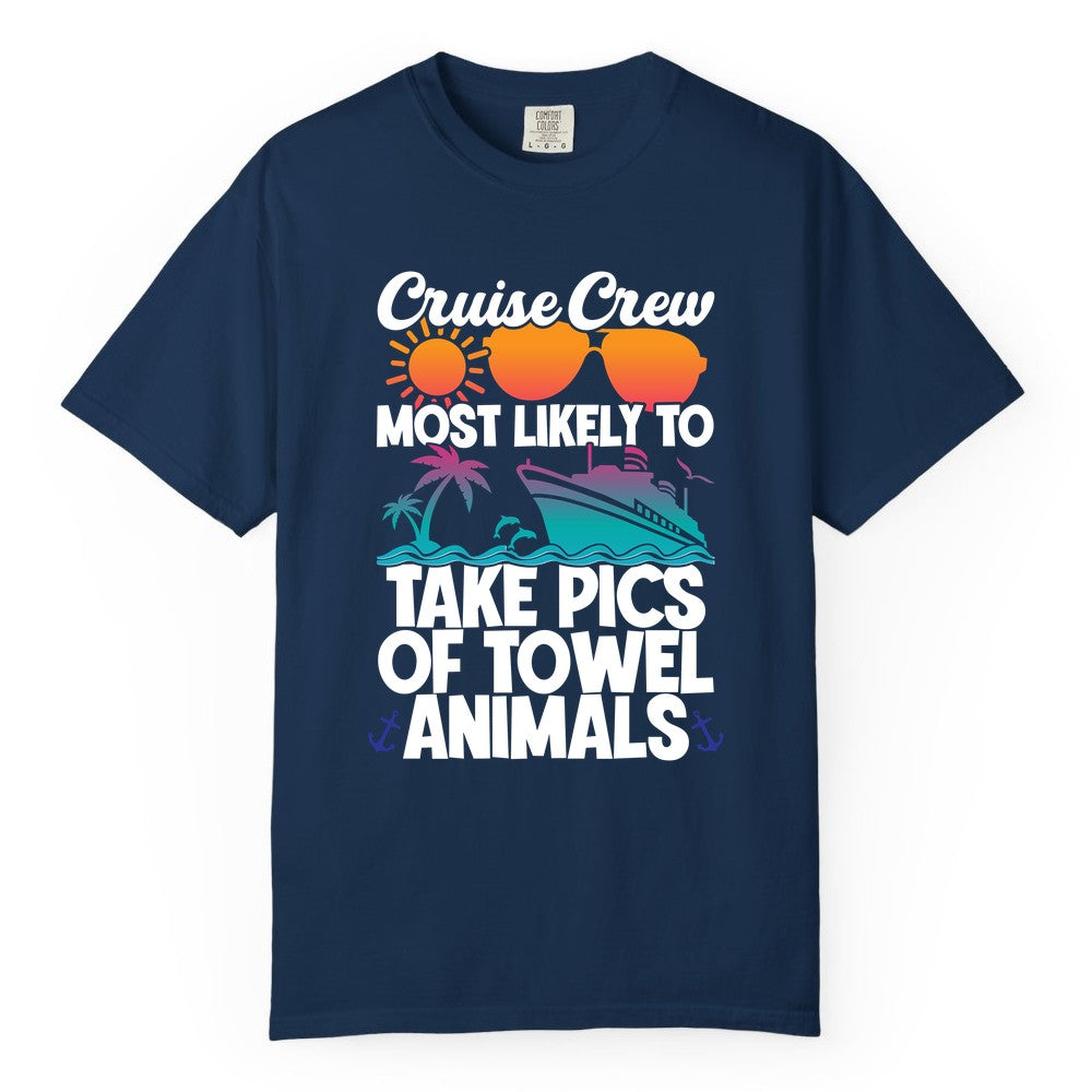 Cruise Crew Shirt - Funny Cruise Vacation Apparel for Family Trips (Comfort Color) in Navy - Cruise Crew Towel Animal Photo Squad Tropical Sunset Shirt