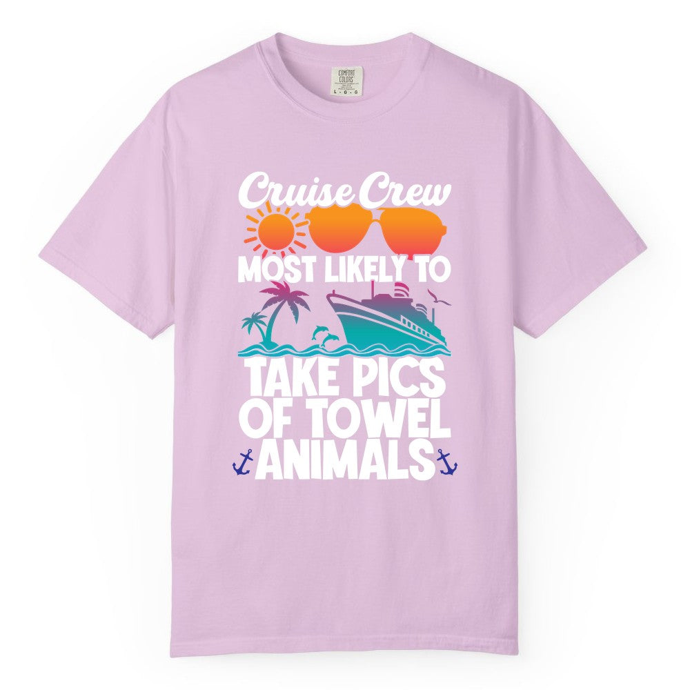 Cruise Crew Shirt - Funny Cruise Vacation Apparel for Family Trips (Comfort Color) in Orchid - Cruise Crew Towel Animal Photo Squad Tropical Sunset Shirt