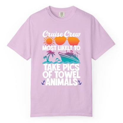 Cruise Crew Shirt - Funny Cruise Vacation Apparel for Family Trips (Comfort Color) in Orchid - Cruise Crew Towel Animal Photo Squad Tropical Sunset Shirt