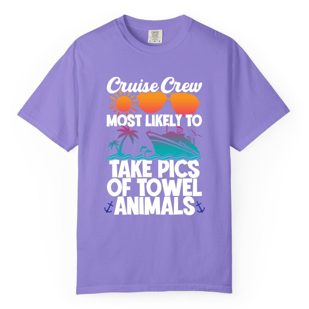 Cruise Crew Shirt - Funny Cruise Vacation Apparel for Family Trips (Comfort Color) in Violet - Cruise Crew Towel Animal Photo Squad Tropical Sunset Shirt