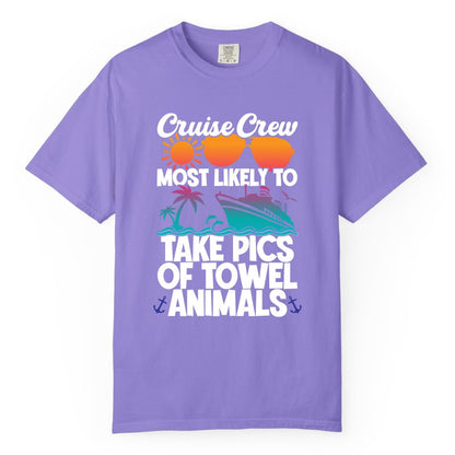 Cruise Crew Shirt - Funny Cruise Vacation Apparel for Family Trips (Comfort Color) in Violet - Cruise Crew Towel Animal Photo Squad Tropical Sunset Shirt