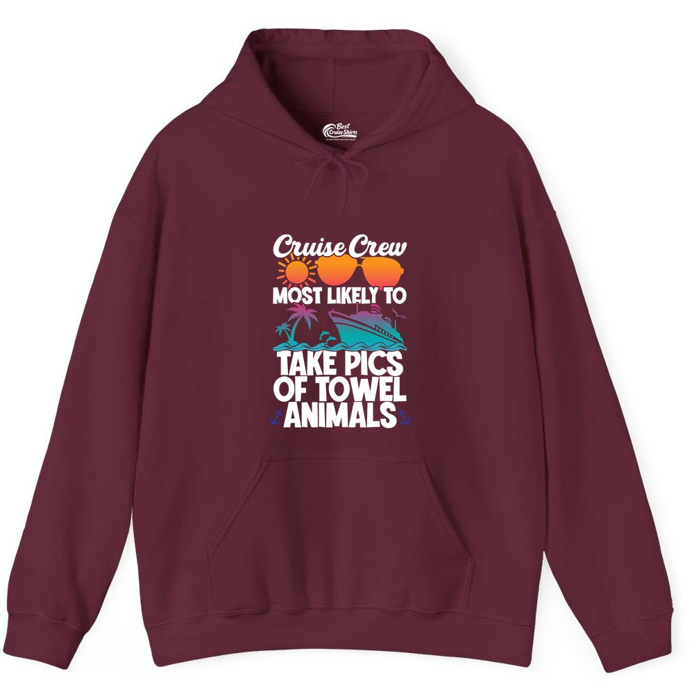 Cruise Crew Shirt - Funny Cruise Vacation Apparel for Family Trips (Hoodie) in Maroon - Cruise Crew Towel Animal Photo Squad Tropical Sunset Shirt