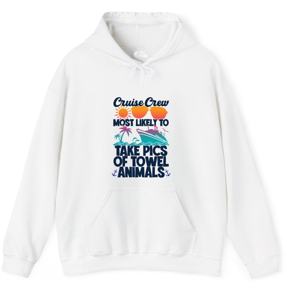 Cruise Crew Shirt - Funny Cruise Vacation Apparel for Family Trips (Hoodie) in White - Cruise Crew Towel Animal Photo Squad Tropical Sunset Shirt