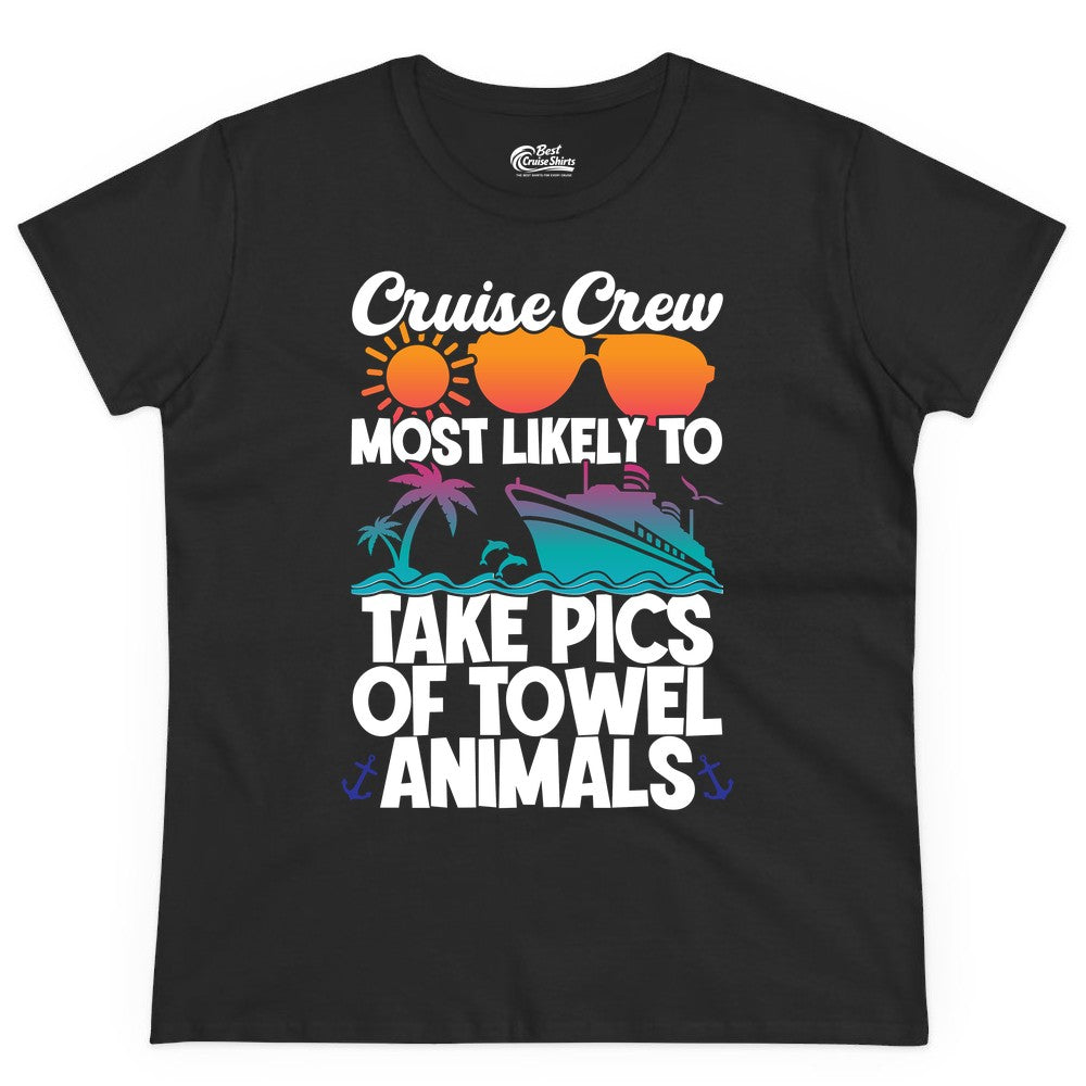 Cruise Crew Shirt - Funny Cruise Vacation Apparel for Family Trips (Ladies Tee) in Black - Cruise Crew Towel Animal Photo Squad Tropical Sunset Shirt
