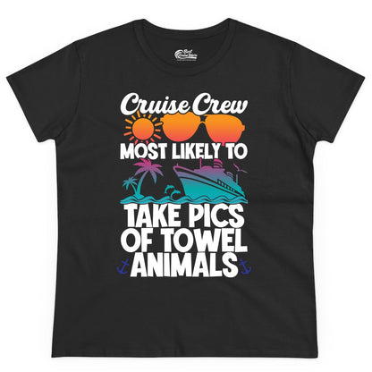 Cruise Crew Shirt - Funny Cruise Vacation Apparel for Family Trips (Ladies Tee) in Black - Cruise Crew Towel Animal Photo Squad Tropical Sunset Shirt
