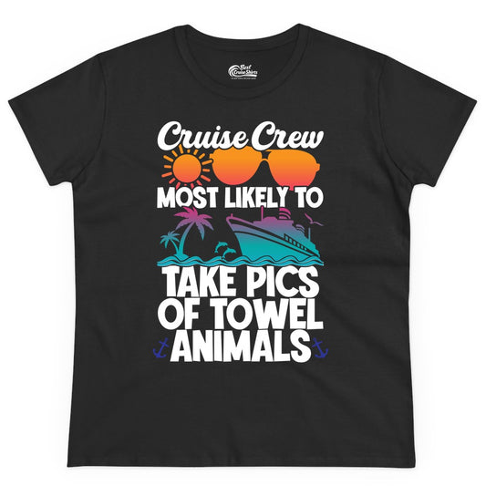 Cruise Crew Shirt - Funny Cruise Vacation Apparel for Family Trips (Ladies Tee) in Black - Cruise Crew Towel Animal Photo Squad Tropical Sunset Shirt
