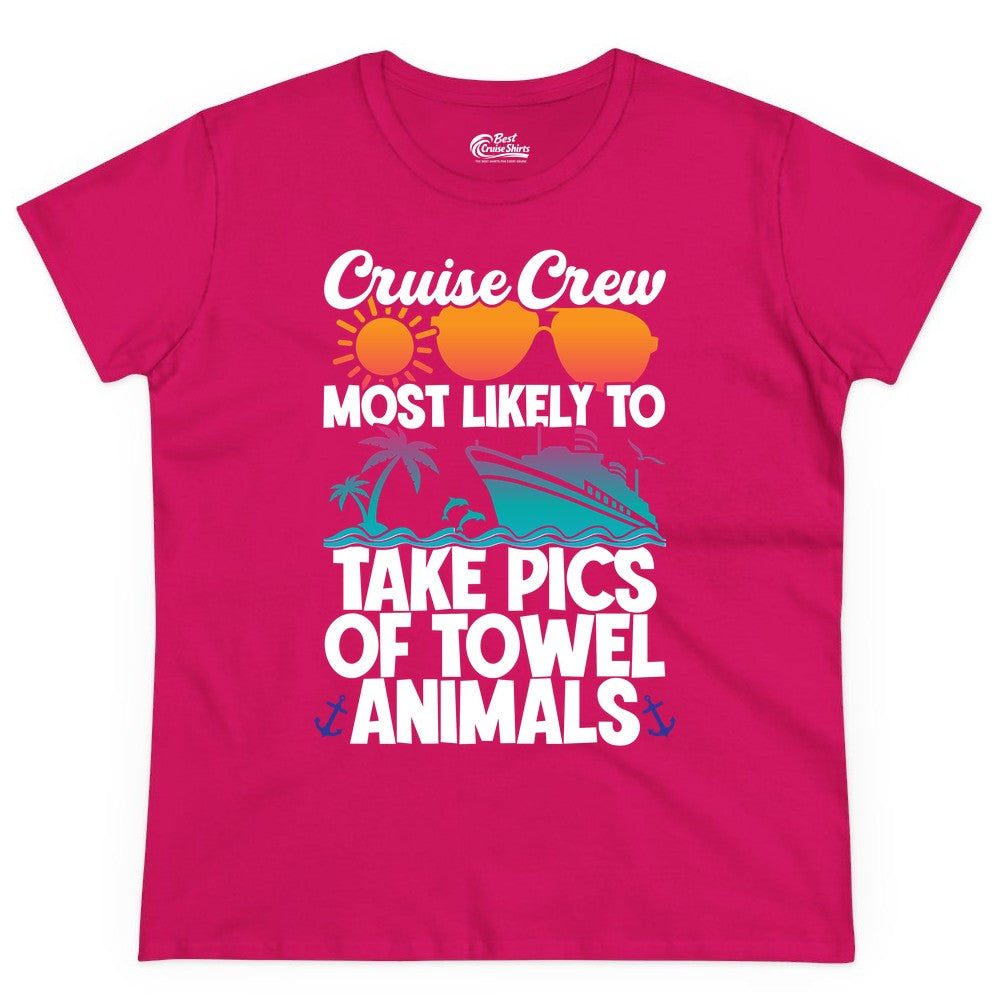 Cruise Crew Shirt - Funny Cruise Vacation Apparel for Family Trips (Ladies Tee) in Heliconia - Cruise Crew Towel Animal Photo Squad Tropical Sunset Shirt