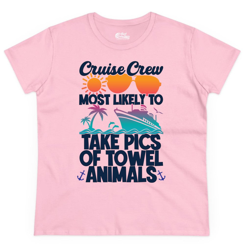 Cruise Crew Shirt - Funny Cruise Vacation Apparel for Family Trips (Ladies Tee) in Light Pink - Cruise Crew Towel Animal Photo Squad Tropical Sunset Shirt