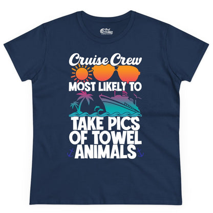 Cruise Crew Shirt - Funny Cruise Vacation Apparel for Family Trips (Ladies Tee) in Navy - Cruise Crew Towel Animal Photo Squad Tropical Sunset Shirt