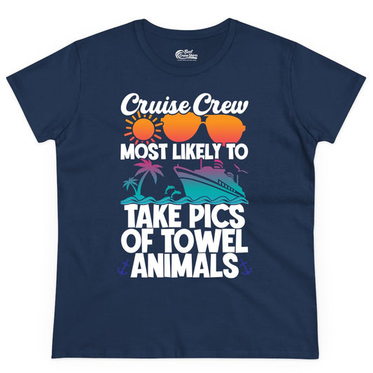 Cruise Crew Shirt - Funny Cruise Vacation Apparel for Family Trips (Ladies Tee) in Navy - Cruise Crew Towel Animal Photo Squad Tropical Sunset Shirt