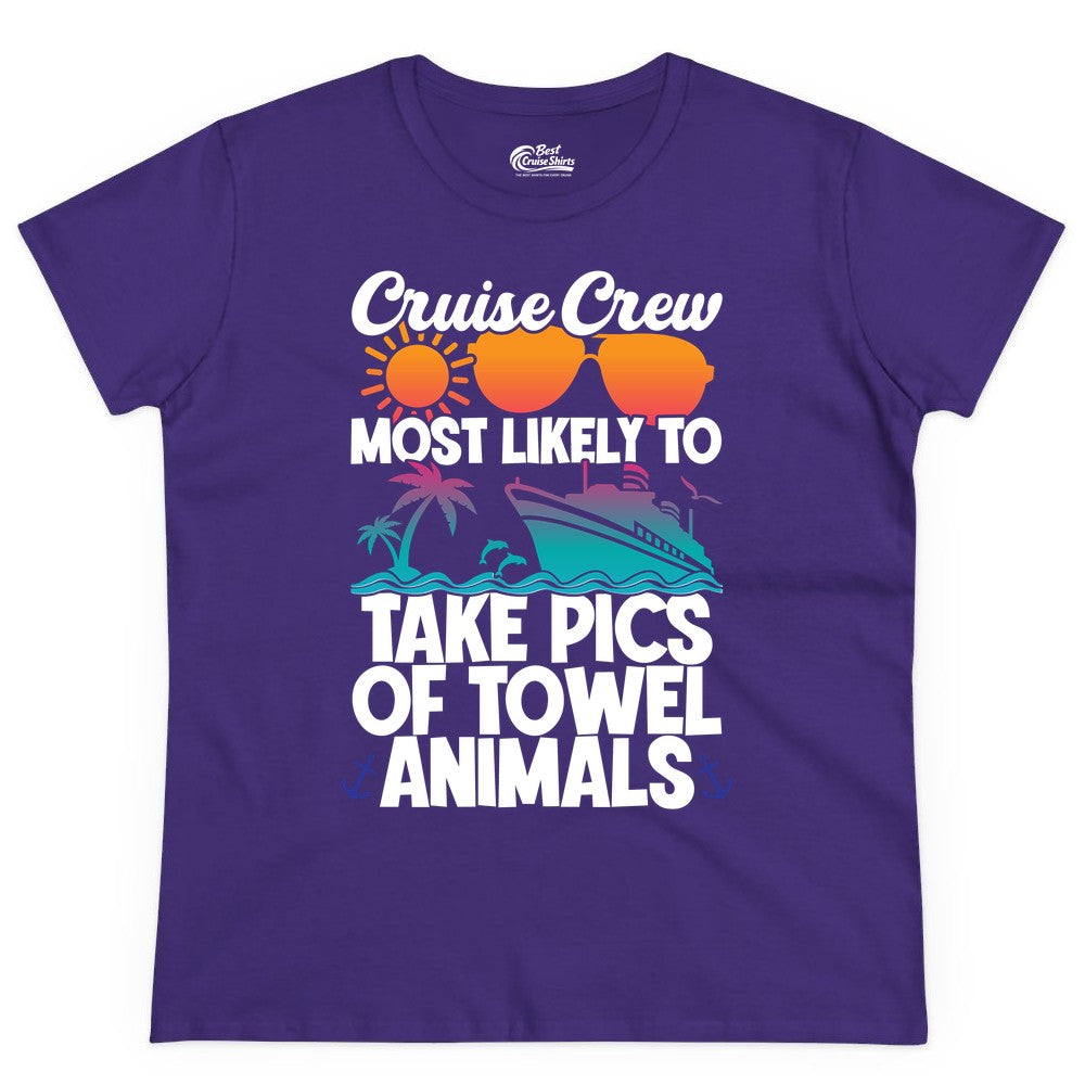 Cruise Crew Shirt - Funny Cruise Vacation Apparel for Family Trips (Ladies Tee) in Purple - Cruise Crew Towel Animal Photo Squad Tropical Sunset Shirt