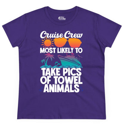 Cruise Crew Shirt - Funny Cruise Vacation Apparel for Family Trips (Ladies Tee) in Purple - Cruise Crew Towel Animal Photo Squad Tropical Sunset Shirt