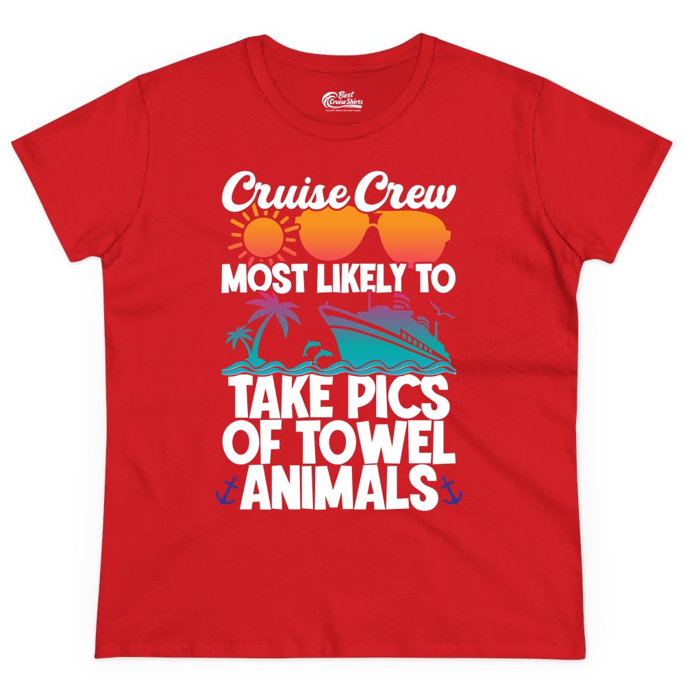 Cruise Crew Shirt - Funny Cruise Vacation Apparel for Family Trips (Ladies Tee) in Red - Cruise Crew Towel Animal Photo Squad Tropical Sunset Shirt