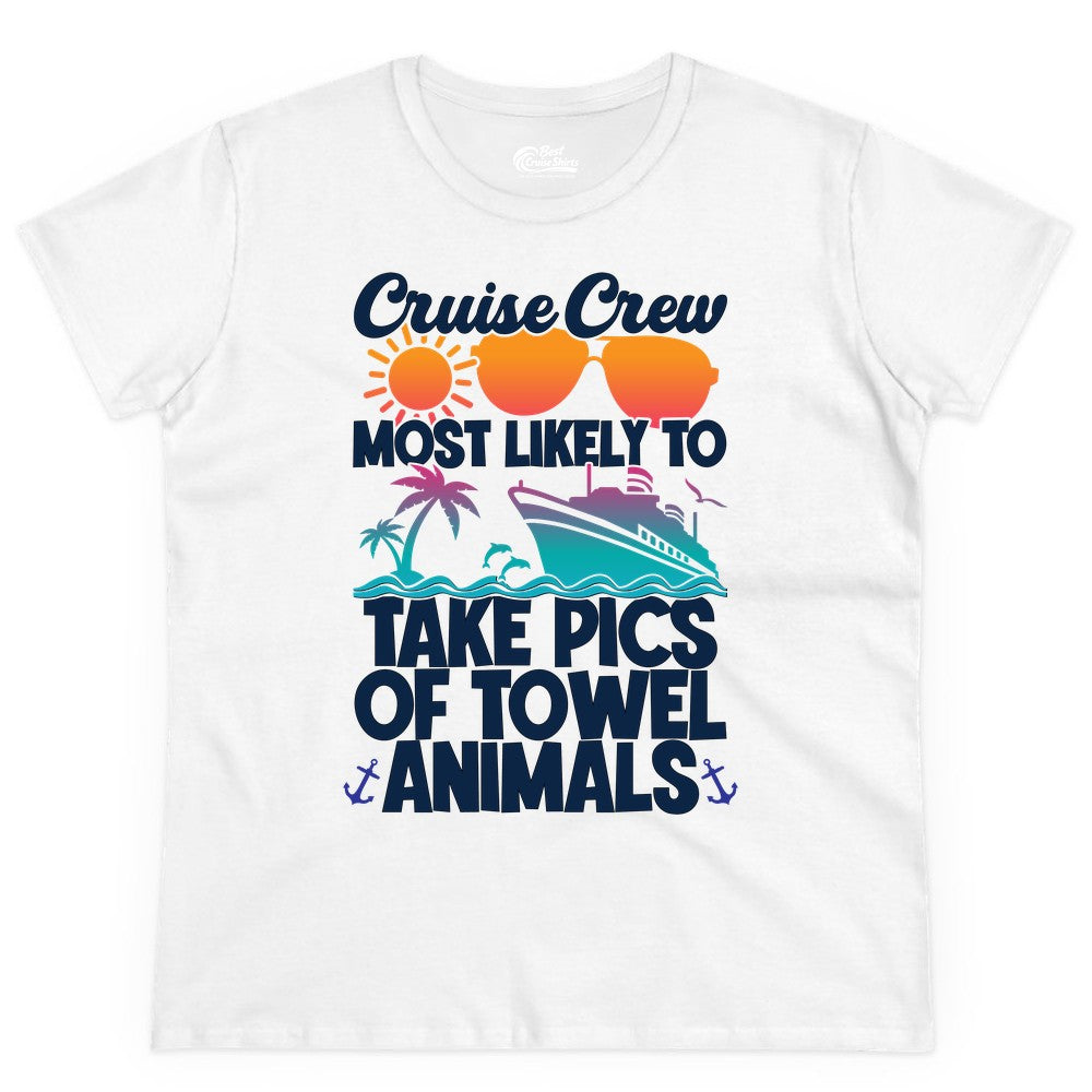 Cruise Crew Shirt - Funny Cruise Vacation Apparel for Family Trips (Ladies Tee) in White - Cruise Crew Towel Animal Photo Squad Tropical Sunset Shirt