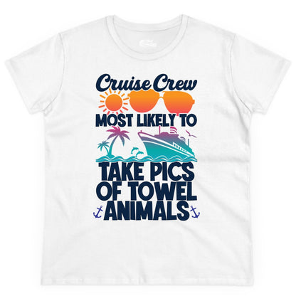 Cruise Crew Shirt - Funny Cruise Vacation Apparel for Family Trips (Ladies Tee) in White - Cruise Crew Towel Animal Photo Squad Tropical Sunset Shirt