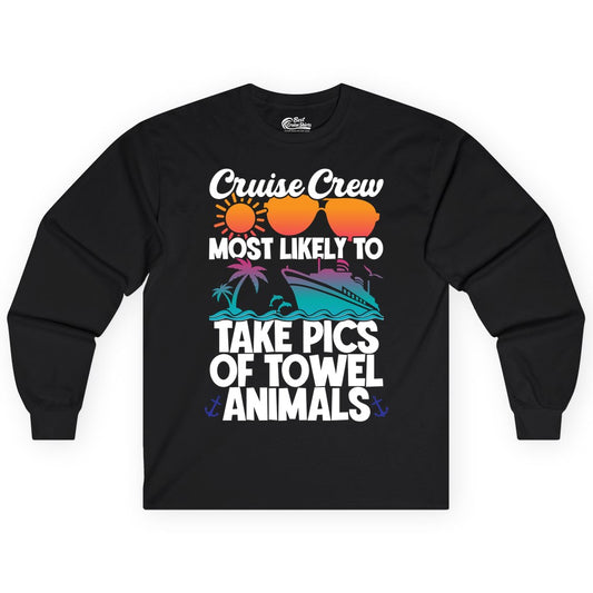 Cruise Crew Shirt - Funny Cruise Vacation Apparel for Family Trips (Long Sleeve) in Black - Cruise Crew Towel Animal Photo Squad Tropical Sunset Shirt