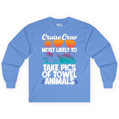 Cruise Crew Shirt - Funny Cruise Vacation Apparel for Family Trips (Long Sleeve) in Carolina Blue - Cruise Crew Towel Animal Photo Squad Tropical Sunset Shirt