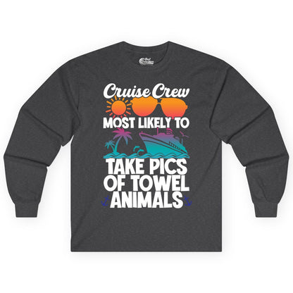 Cruise Crew Shirt - Funny Cruise Vacation Apparel for Family Trips (Long Sleeve) in Dark Heather - Cruise Crew Towel Animal Photo Squad Tropical Sunset Shirt